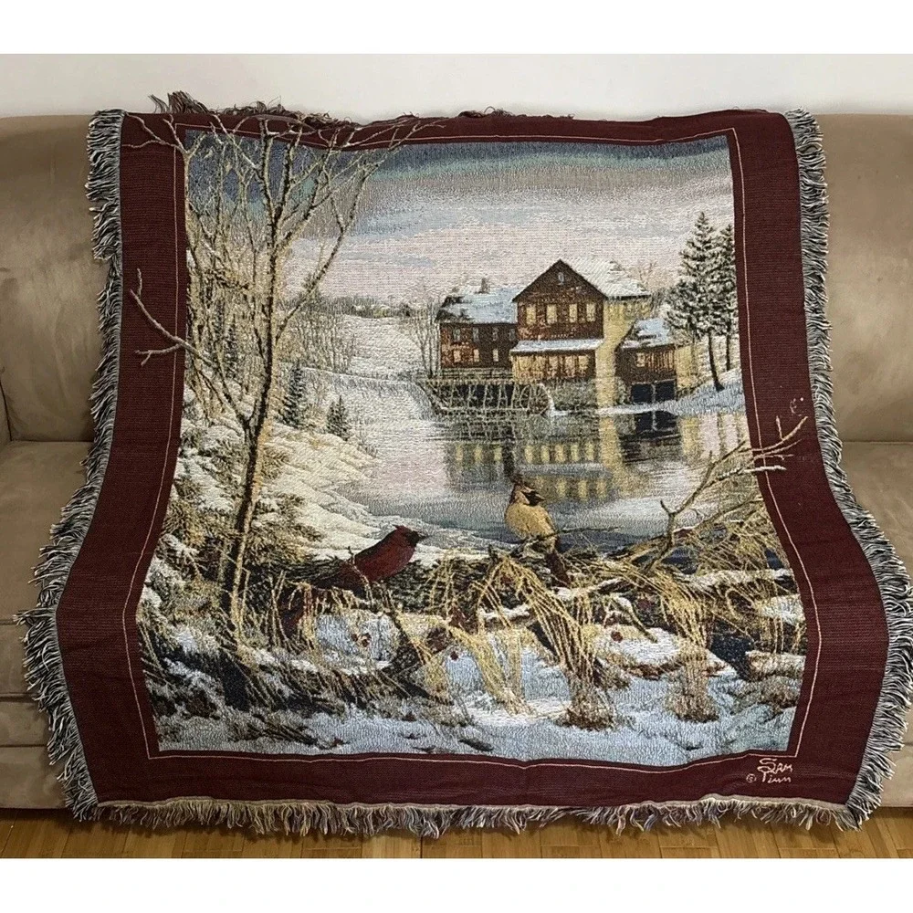 Winter Scene Throw Blanket Cardinals Water Wheel House 57